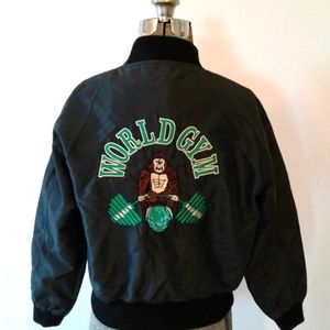 RARE Tony Nowak Embroidered bomber crop Jacket World Gym Gorilla 90's Sz L